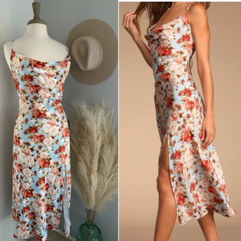 ❤️ Lulus Moment of Chic Light Blue Floral Print Satin Lace Up MIDI Dress